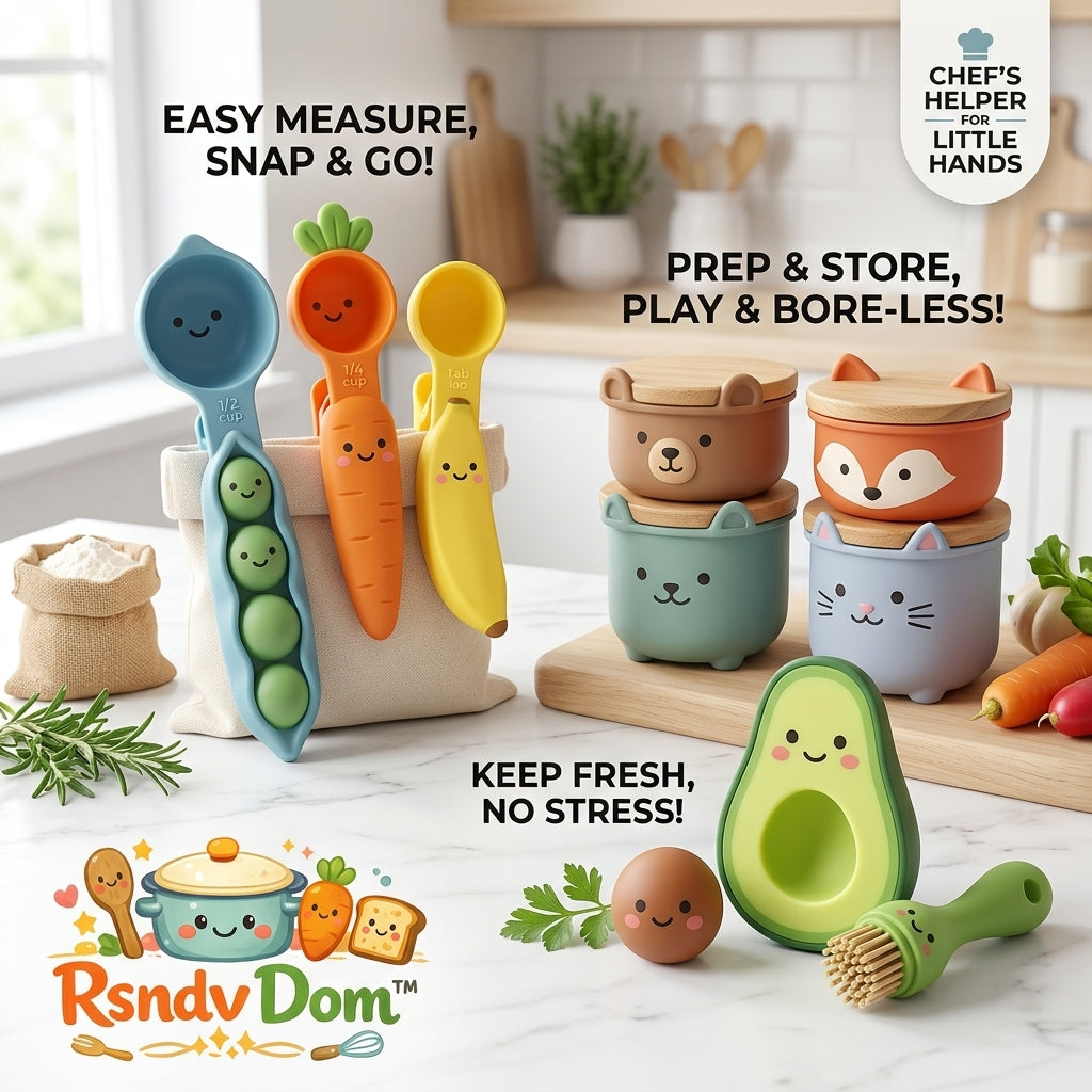RsndvDom™ 9-Piece Kids Kitchen Utensils and Food Storage Set | Cute Vegetable Measuring Spoon Bag Clips, Animal Silicone Snack Containers with Bamboo Lids, Avocado Food Saver & Basting Brush | BPA-Free Toddler Cooking & Baking Gift Set