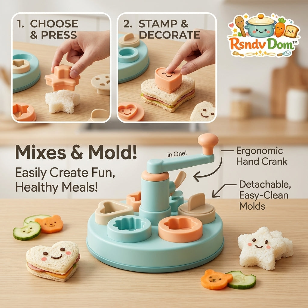 RsndvDom™ Kids Sandwich Cutter and Sealer Set - All-in-One Bento Box Accessories & Rice Mold Kit with Ergonomic Hand Crank, Cute Food Stamps, Detachable Easy-Clean Lunch Shaper for Healthy Kids Meals, Picky Eaters