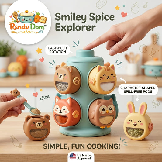RsndvDom™ Smiley Spice Explorer – Whimsical Rotating Spice Rack Organizer with Cute Animal Character Pods – Fun, Spill-Free Kitchen Countertop Carousel Storage Set for Home Chefs & Families