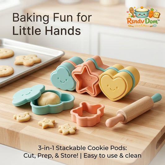 RsndvDom™ 3-in-1 Stackable Cookie Pods for Kids - Silicone Cookie Cutters, Dough Prep & Storage Containers with Mini Rolling Pin | Cute Cloud, Star & Heart Shapes | Easy to Clean Toddler Baking Set