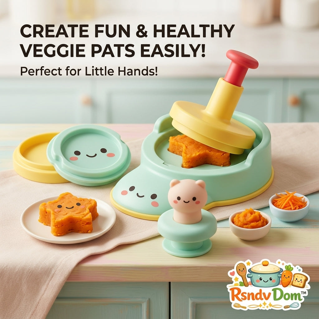 RsndvDom™ 3-in-1 Baby Food Press and Veggie Patty Maker Set - Cute Star & Animal Food Molds for Toddlers & Kids, Easy Baby-Led Weaning (BLW) Prep Tool, Fun Bento Box Accessories for Healthy Mealtime