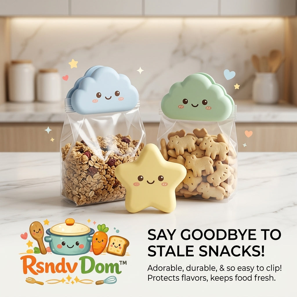 RsndvDom™ Cute Cloud & Star Food Bag Clips, 3-Pack Kawaii Chip Clips Set for Snack Sealing, Reusable Airtight Food Saver Clamps for Kitchen Pantry, Bread, Cereal, Cookies, and Leftovers