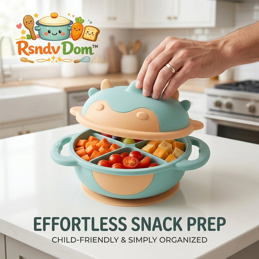 RsndvDom™ Silicone Divided Suction Bowl for Toddlers & Babies - Cute Dinosaur Lid & Easy-Grip Handles Kids Snack Prep Bowl | Spill-Proof Self-Feeding Training Plate | Food-Grade, BPA-Free Portion Control Food Container